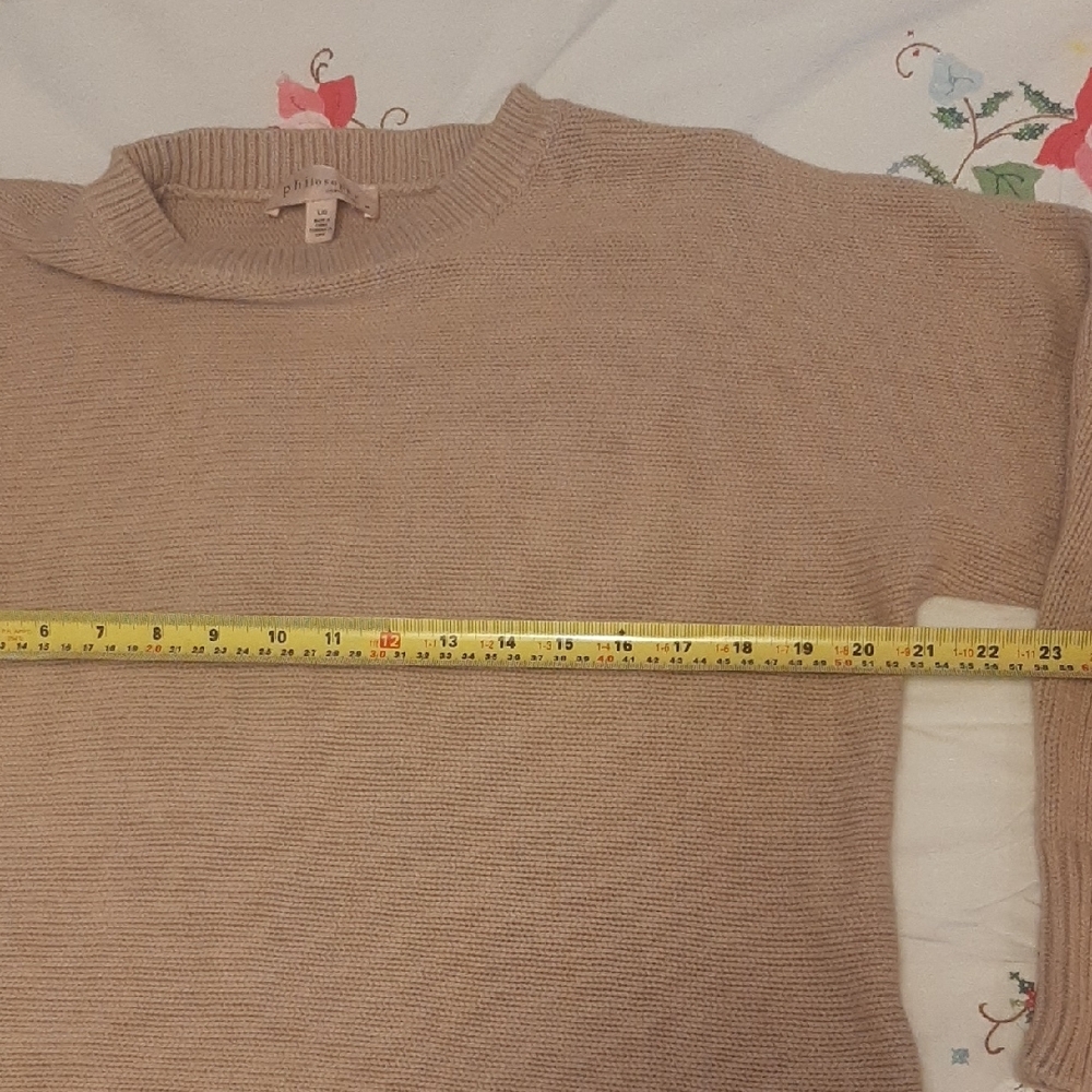 Philosophy Beige ๐ฏCOTTON Crew Neck Sweater High Low Hem/Dolman Sleeves Sz L - Picture 4 of 7